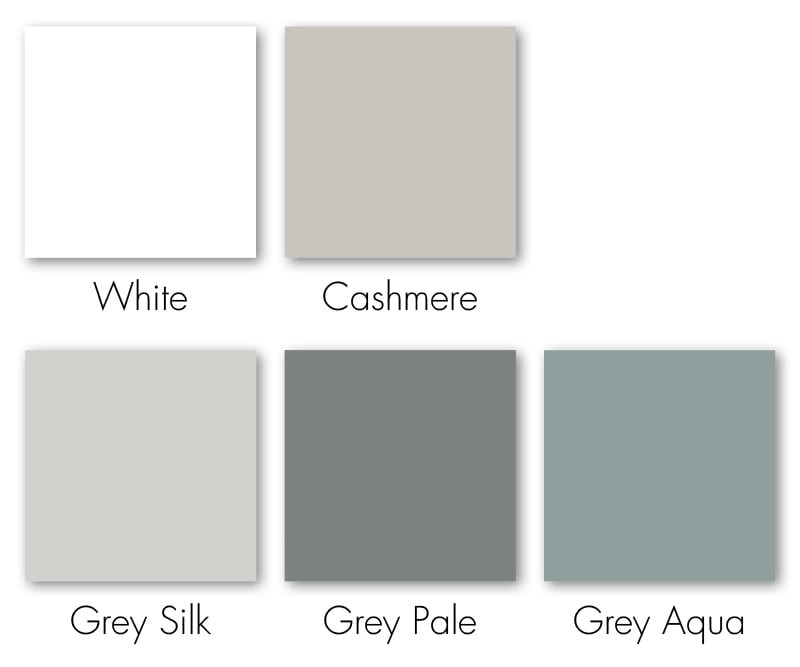 Swatch card showing five high-gloss colour options for the Crown Imperial Furore kitchen range: White, Cashmere, Grey Silk, Grey Pale, and Grey Aqua.