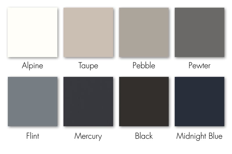 Swatch card showing eight matte colour options for the Crown Imperial Saporé kitchen range: Alpine, Taupe, Pebble, Pewter, Flint, Mercury, Black, and Midnight Blue.