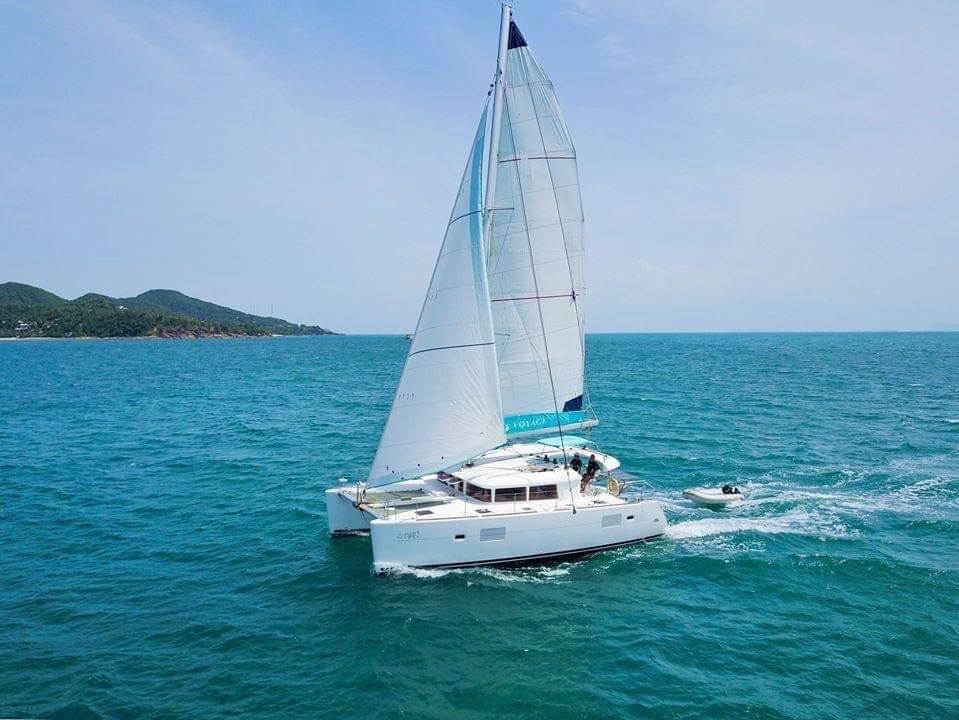 A white catamaran sailing on clear blue water with lush green hills in the distant background under a clear sky.