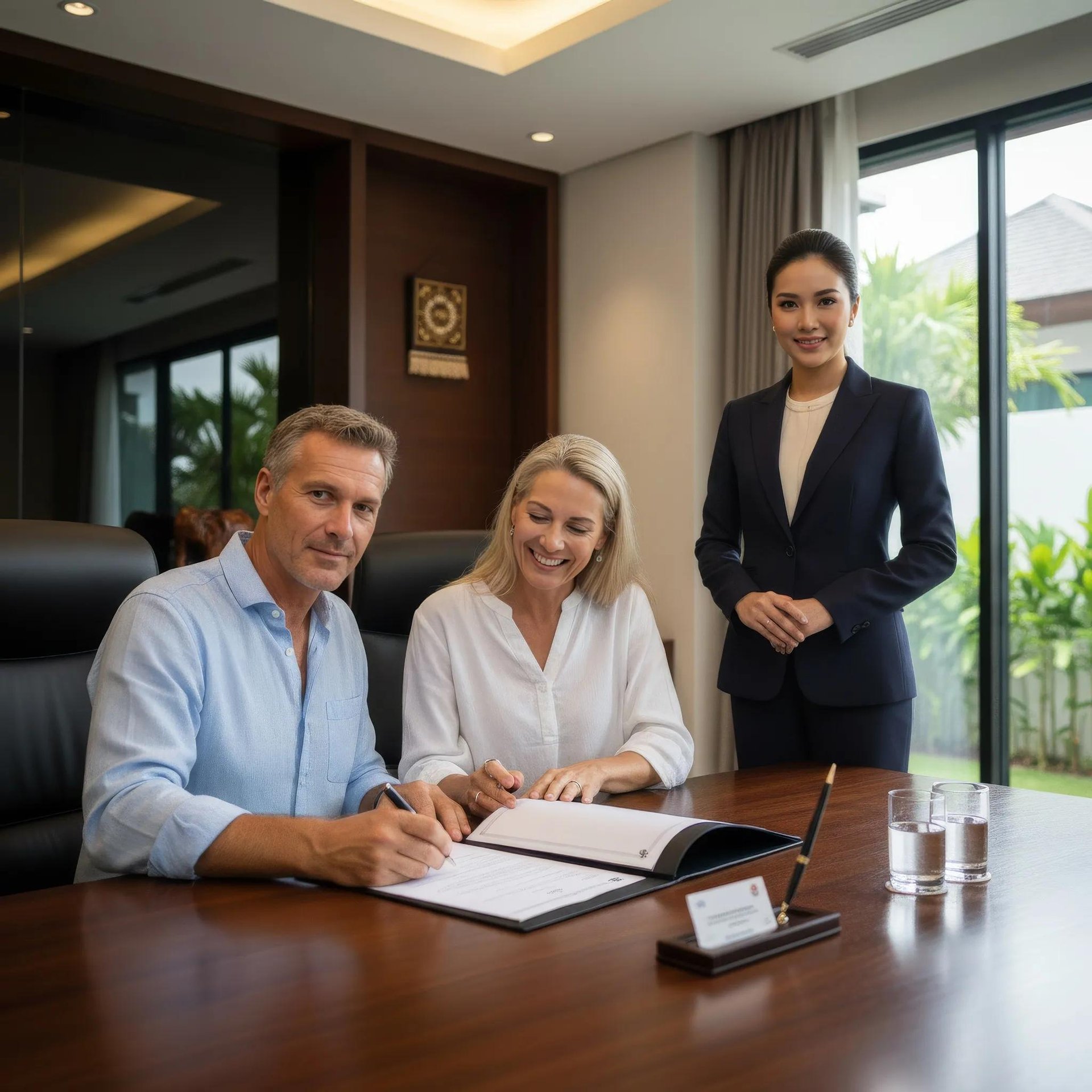 A man signs a document at a desk while a woman sits beside him smiling, and another woman stands nearby in a suit. They are in a modern office with glass doors and outdoor views.