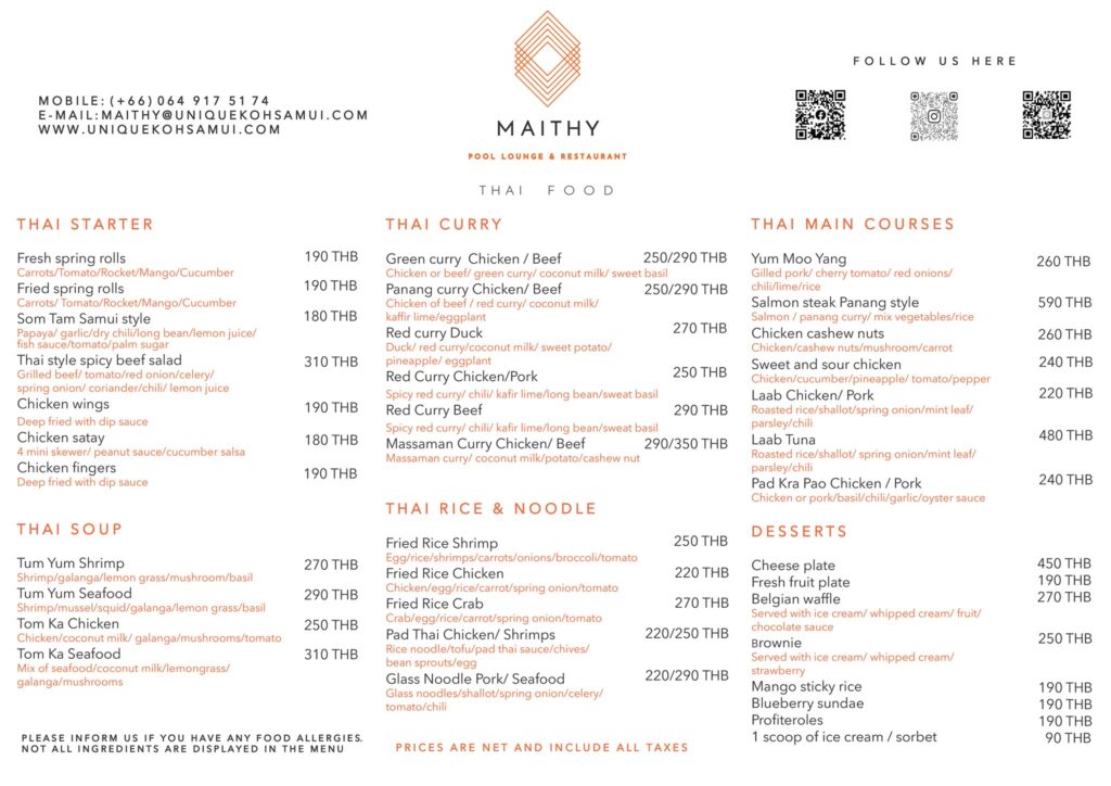 Maithy Thai Food Menu
