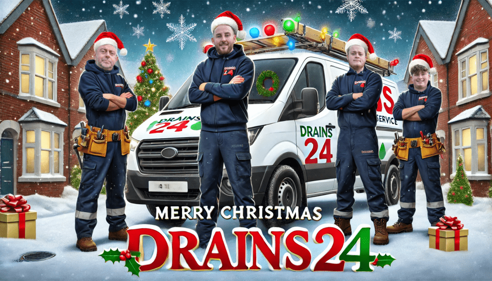 DALL·E 2024 12 23 16.41.43 A high resolution festive Christmas greeting image featuring four workers in front of a drainage service van e1743661614117