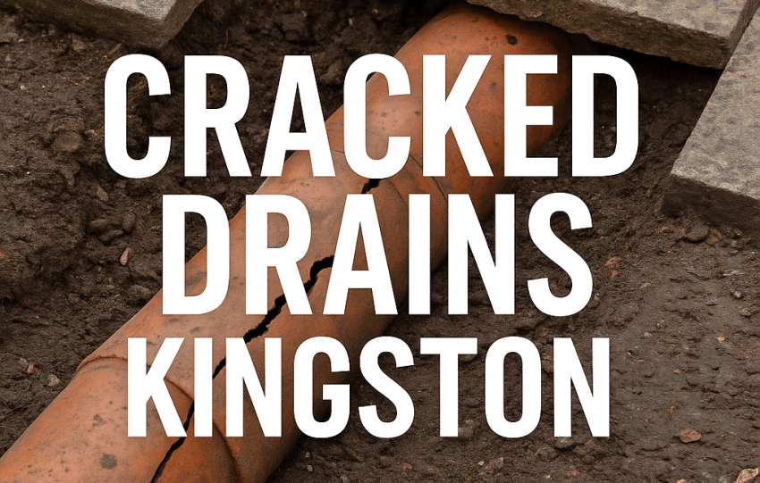 Cracked drain pipe exposed beneath lifted patio slabs in a Kingston home, showing soil erosion and structural damage.