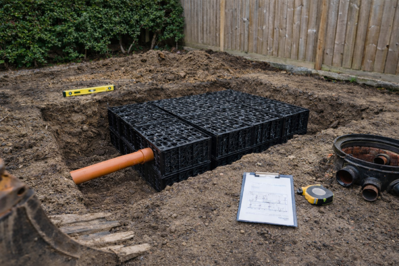 Straight drainage pipe feeding into soakaway crates during pre-installation groundworks survey in a Surbiton residential garden