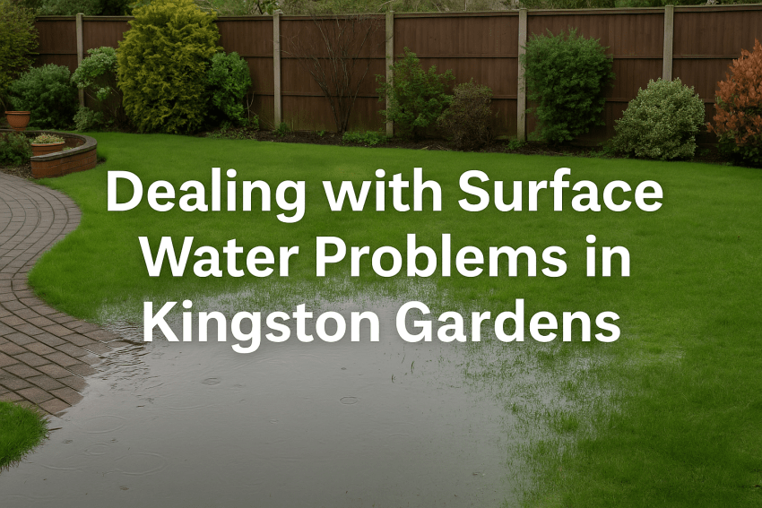 Flooded garden in Kingston Upon Thames showing surface water pooling and paving, illustrating drainage works and soakaway solutions by Drains24.