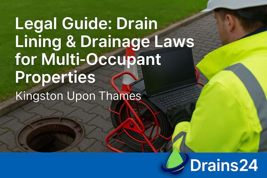 A drainage engineer in Kingston Upon Thames performing a CCTV drain survey with a laptop and inspection reel near an open manhole. Text overlay reads 'Legal Guide: Drain Lining & Drainage Laws for Multi-Occupant Properties
