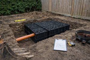 Straight drainage pipe feeding into soakaway crates during pre-installation groundworks survey in a Surbiton residential garden