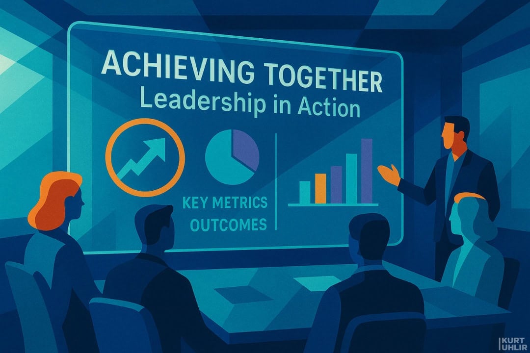 Illustration of a business meeting with four people seated and one person standing, presenting a screen that reads “ACHIEVING TOGETHER Leadership in Action.” The screen shows a rising arrow, a pie chart, a bar graph, and text “KEY METRICS OUTCOMES.”.