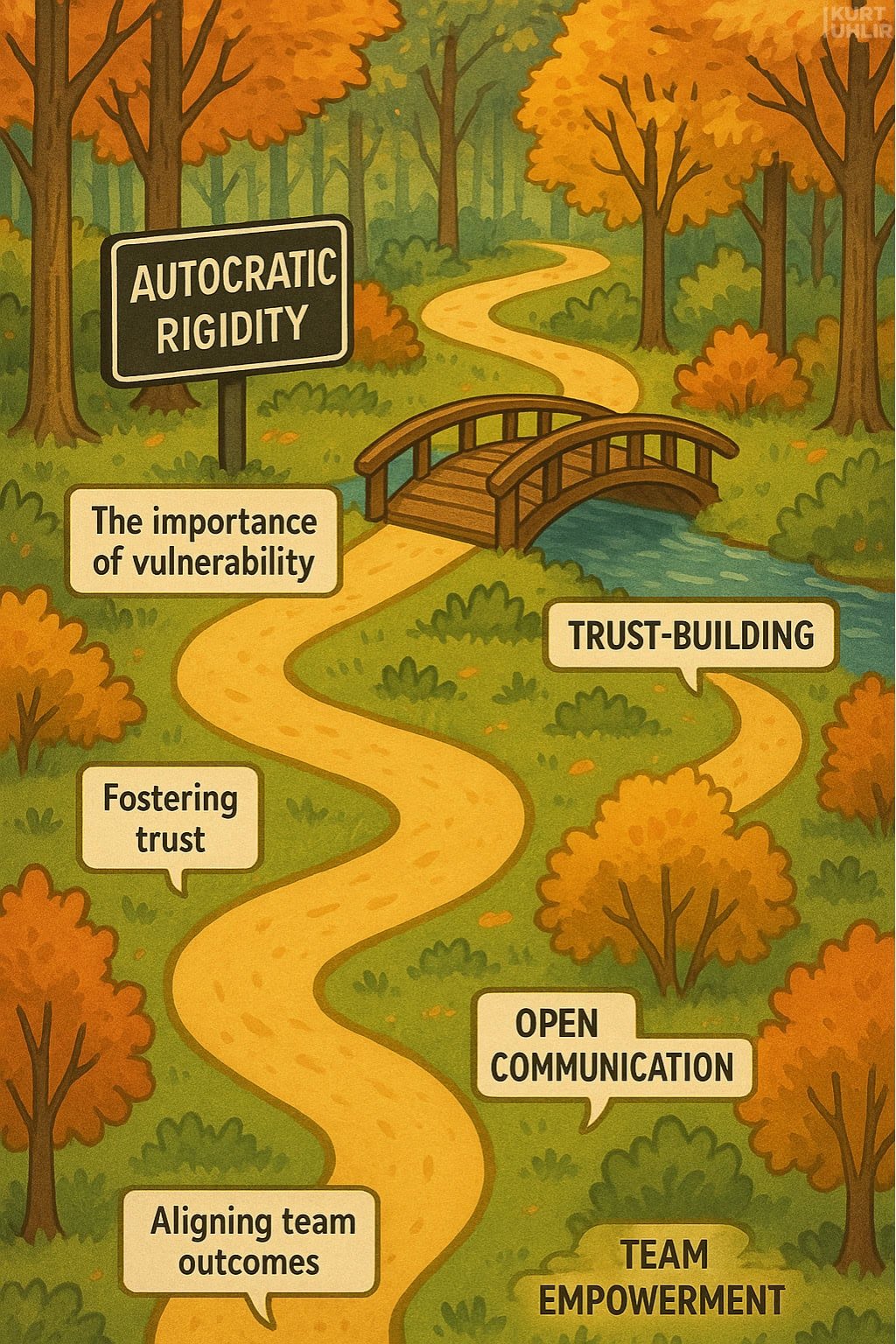 A winding yellow path moves from a forest labeled "Autocratic Rigidity," over a bridge labeled "Trust-Building," passing signs for "Vulnerability," "Fostering trust," "Open Communication," and "Aligning team outcomes," ending in a clearing labeled "Team Empowerment.