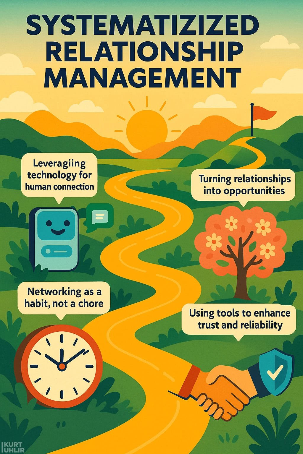 An illustrated infographic shows a winding yellow path through green hills toward a sunrise. Along the path are icons and text bubbles about relationship management: technology, opportunities, networking as a habit, and tools for trust. A handshake is bottom right.