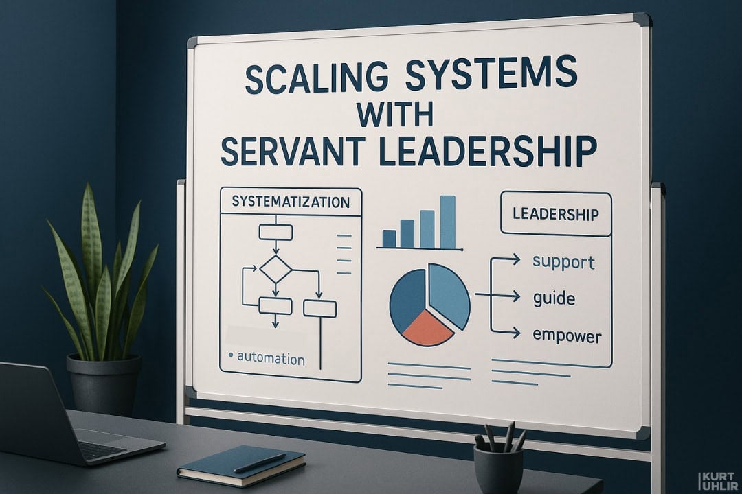 A whiteboard displays "Scaling Systems with Servant Leadership" with system flowcharts, bar and pie charts, and keywords: "systematization," "automation," "leadership," "support," "guide," "empower." A plant, notebook, and pen are on a nearby desk.