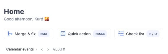 Dashboard with greeting "Good afternoon, Kurt!," and a waving hand emoji. Below are three buttons: "Merge & fix" (5561), "Quick action" (20544), and "Check list" (11/13). Manage your network using this personal CRM. "Calendar events": Fri, Jul 11.