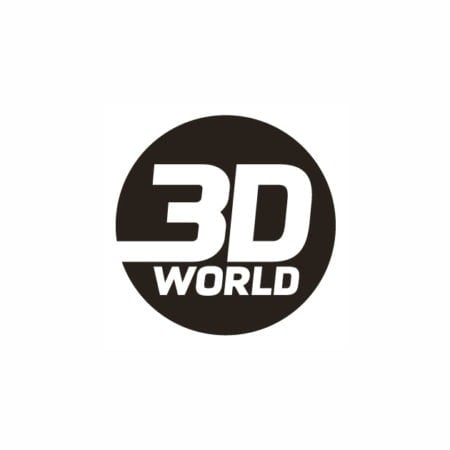 A bold, black circle contains the white text “3D WORLD.” “3D” is large and stylized with sharp edges, while “WORLD” is smaller and right-aligned below—capturing the cutting-edge feel of 3D technology against a clean, white background.
