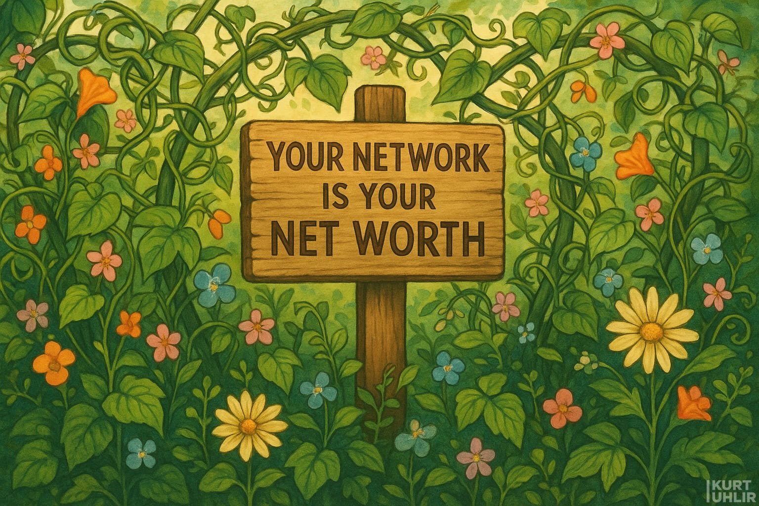 A wooden sign with the words “Your network is your net worth” stands in a lush, colorful garden full of green leaves, vines, and vibrant flowers. Sunlight filters through, creating a warm, inviting atmosphere. Artist credit “KURT UHLOIR” appears in the corner.