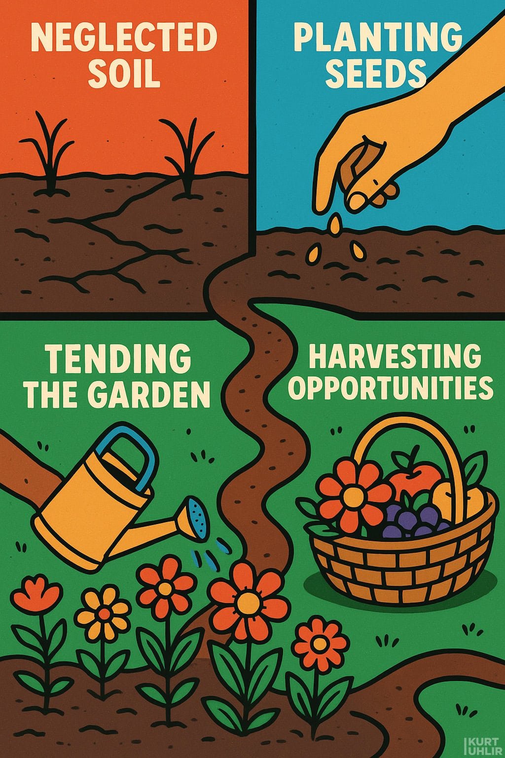 Colorful illustration divided into four panels: neglected soil with sparse sprouts; a hand planting seeds; a watering can tending to blooming flowers; and a basket filled with flowers labeled "harvesting opportunities." Text describes each stage.