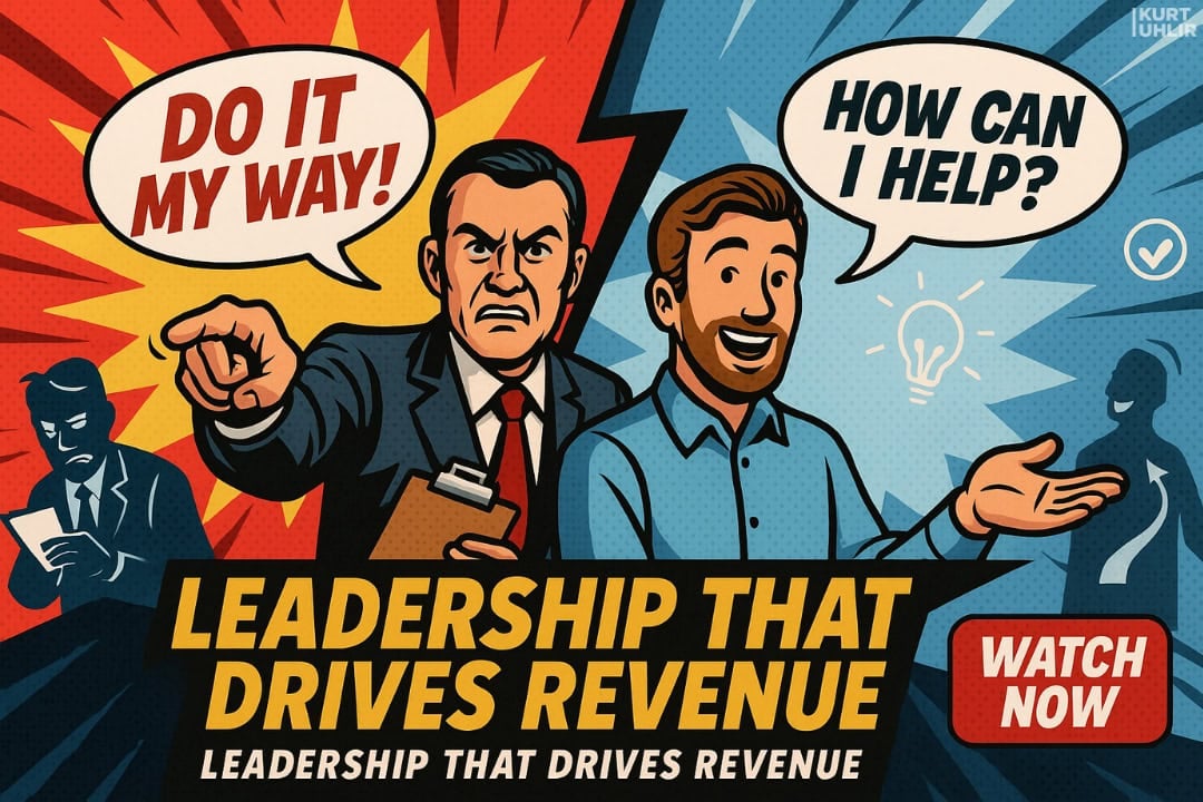 A stern man in a suit shouts “DO IT MY WAY!” while a smiling man asks, “HOW CAN I HELP?” Below, bold text reads: “MARKETING LEADERSHIP THAT DRIVES REVENUE. WATCH NOW.” Featuring vibrant red and blue, as seen on Revenue Rehab with Kurt Uhlir.
