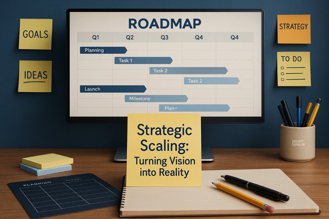 A computer monitor displays a project roadmap with tasks and timelines for four quarters. Surrounding the monitor are sticky notes labeled "GOALS," "IDEAS," "STRATEGY," and "TO DO." In front, a card reads "Strategic Scaling: Turning Vision into Reality." A notepad, pens, and sticky notes are on the desk.
