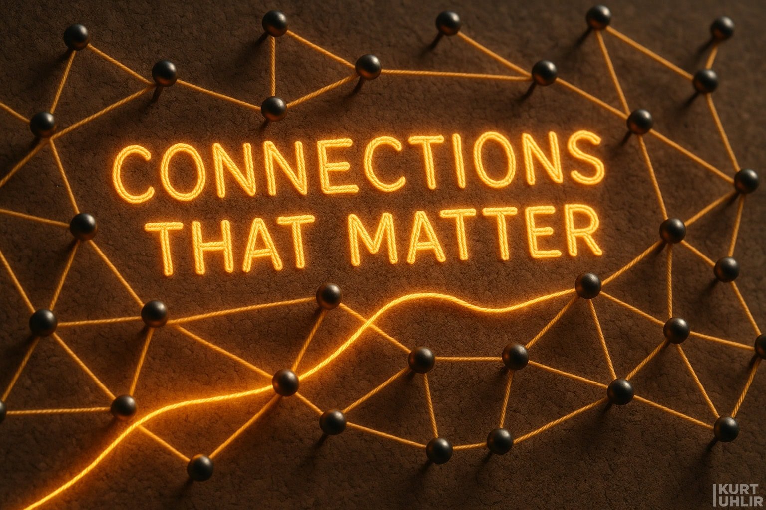 The image shows the phrase “CONNECTIONS THAT MATTER” glowing in yellow-orange neon. Surrounding the text are black pins connected by thin strings, forming an abstract network pattern on a dark textured surface. The lower-right corner features a small "Kurt Uhlir" watermark.