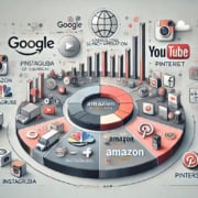A digital infographic features logos of major tech companies like Google, Amazon, Instagram, YouTube, and Pinterest arranged around a central hub. Icons of trucks and charts highlight themes of enterprise SEO, demand generation, connectivity, and commerce.