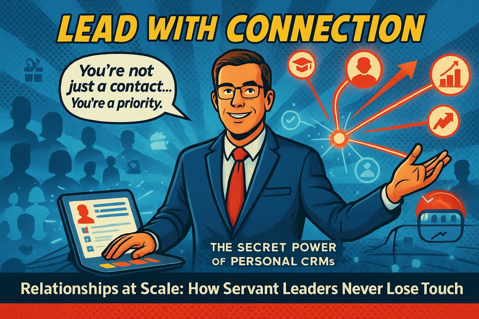 An illustrated man in glasses and a suit gestures to red network icons while holding a laptop with a contact profile. Speech bubble: “You’re not just a contact... You’re a priority.” Title: “Lead With Connection—People First.” Blue background shows outlines of people.
