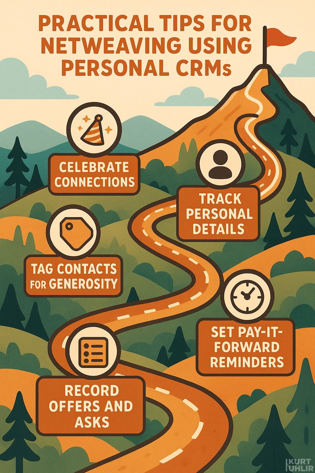 An illustrated winding path up a mountain with a red flag at the peak. Along the path are icons and tips: “Celebrate connections,” “Track personal details,” “Tag contacts for generosity,” “Set pay-it-forward reminders,” and “Record offers and asks.”.