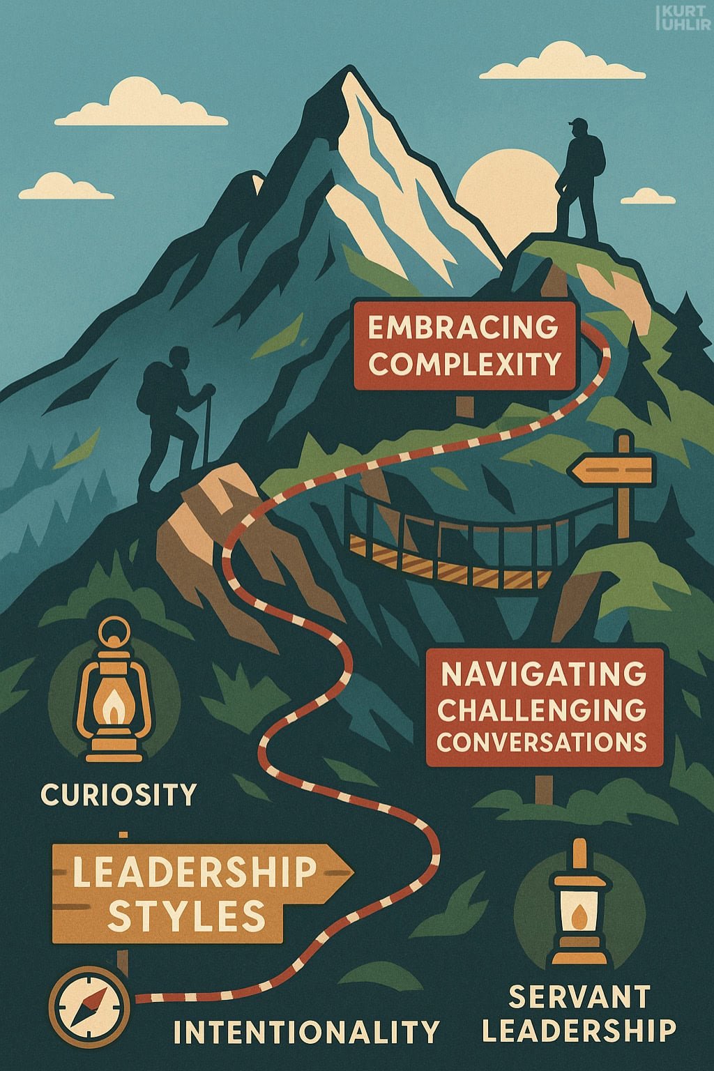 An illustrated mountain trail leads upward, marked with signs: “Curiosity,” “Leadership Styles,” “Intentionality,” “Embracing Complexity,” “Navigating Challenging Conversations,” and “Servant Leadership.” Two hikers ascend the path toward the peak.