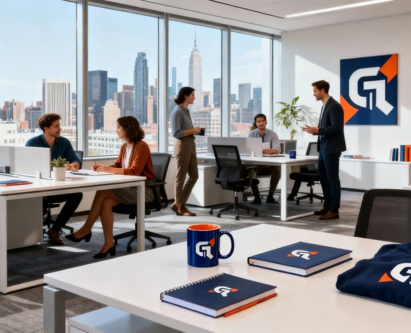 Branded merchandise and logo in modern office setting
