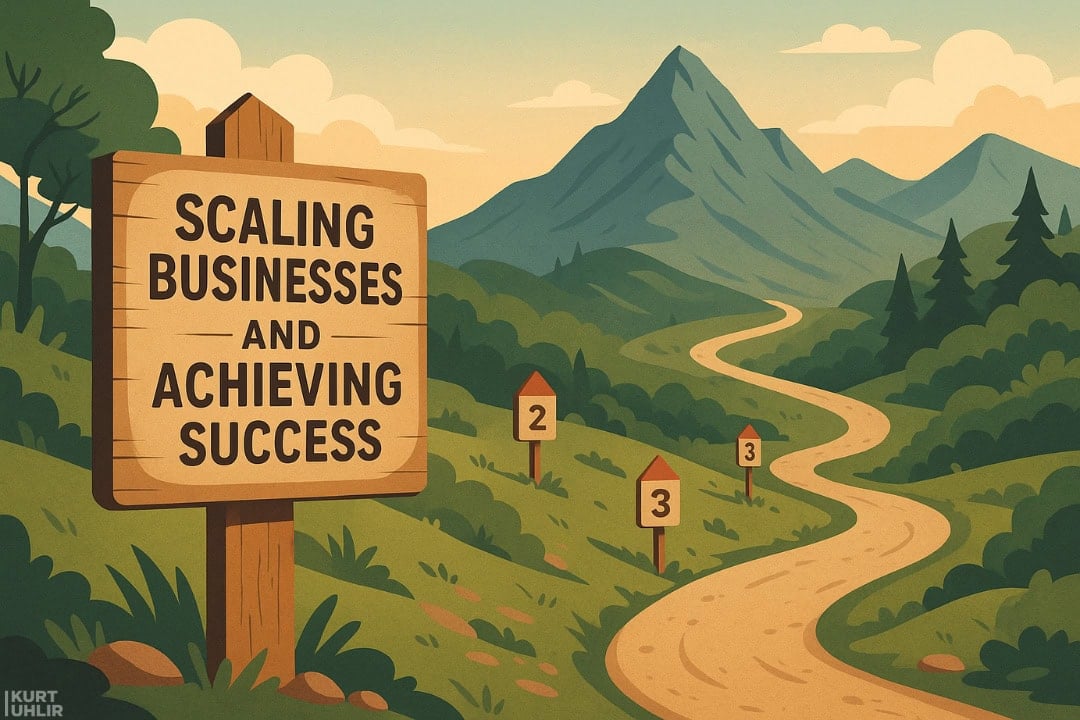 A winding path leads through green hills toward tall mountains under a blue sky. A wooden sign beside the path reads, “Scaling Businesses and Achieving Success.” Numbered markers line the path, symbolizing progress and growth.