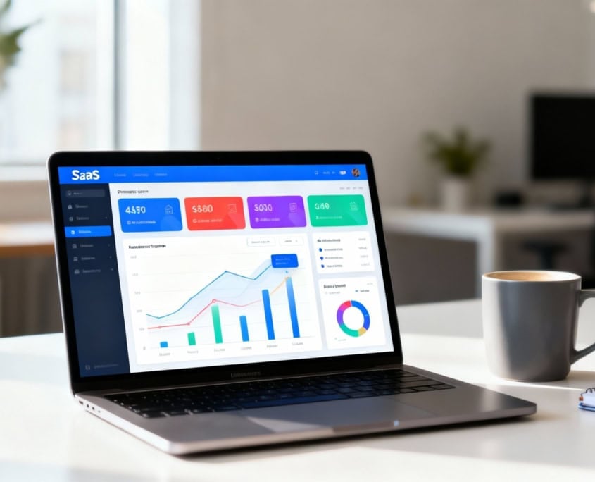Laptop with SaaS dashboard in modern office setting.