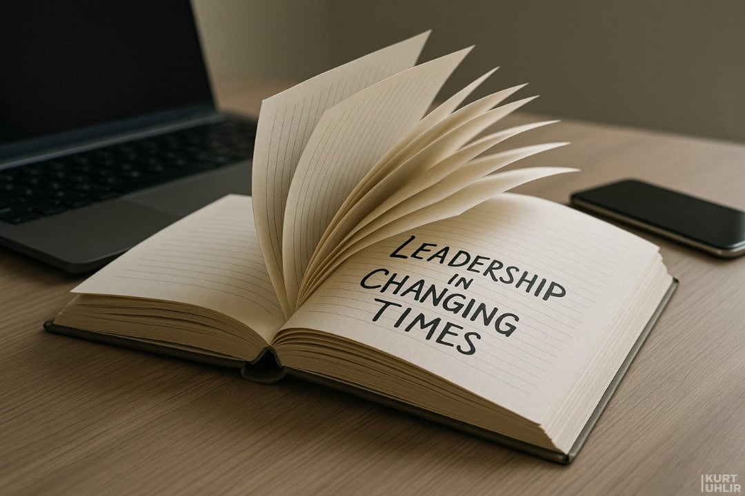 An open notebook on a wooden desk has flipping pages and displays the text “LEADERSHIP IN CHANGING TIMES.” Beside it are a closed laptop and a smartphone. The scene has a calm, professional atmosphere.