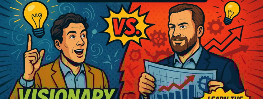 Comic-style illustration split in two: left shows an excited man with a glowing light bulb, labeled “Visionary Leading”; right features a confident man holding a rising profits graph, labeled “Scaler.” Bold text: “Visionary vs. Scaler,” “Kurt Uhlir,” and “Simon Bedard.”.