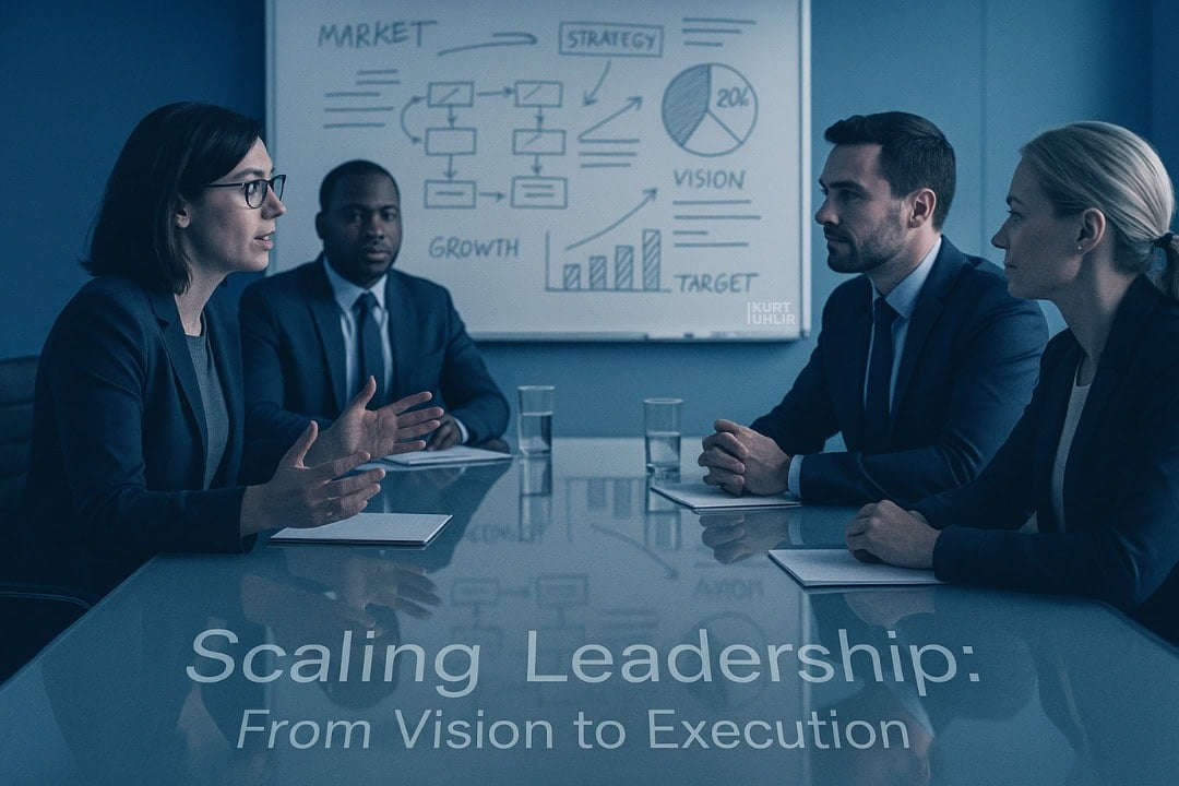 Four business professionals in suits sit around a glass table in a meeting room, engaged in discussion. Behind them is a whiteboard with charts and the words “MARKET,” “STRATEGY,” “VISION,” and “TARGET.” Text on the image reads: "Scaling Leadership: From Vision to Execution.