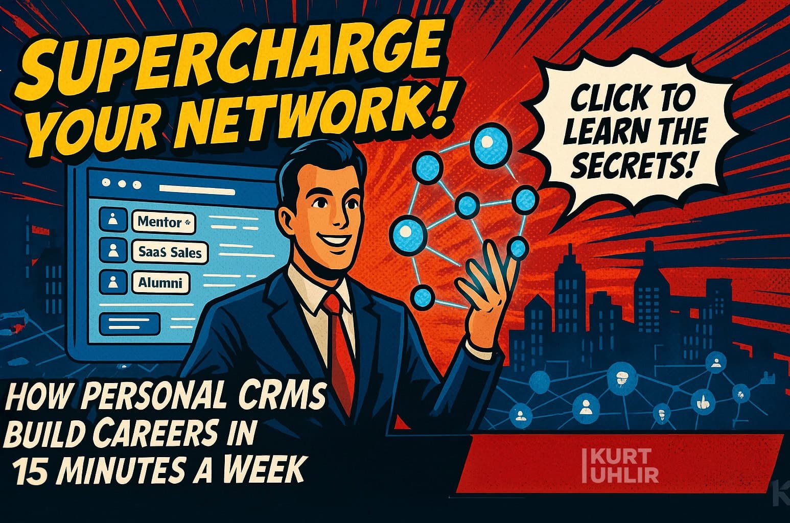 Illustration of a smiling man in a suit gesturing to network icons. Bold text: “Supercharge Your Network!” and “How Personal CRMs Build Careers in 15 Minutes a Week.” A pop-up reads, “Click to learn the secrets!” City skyline and website elements in the background.