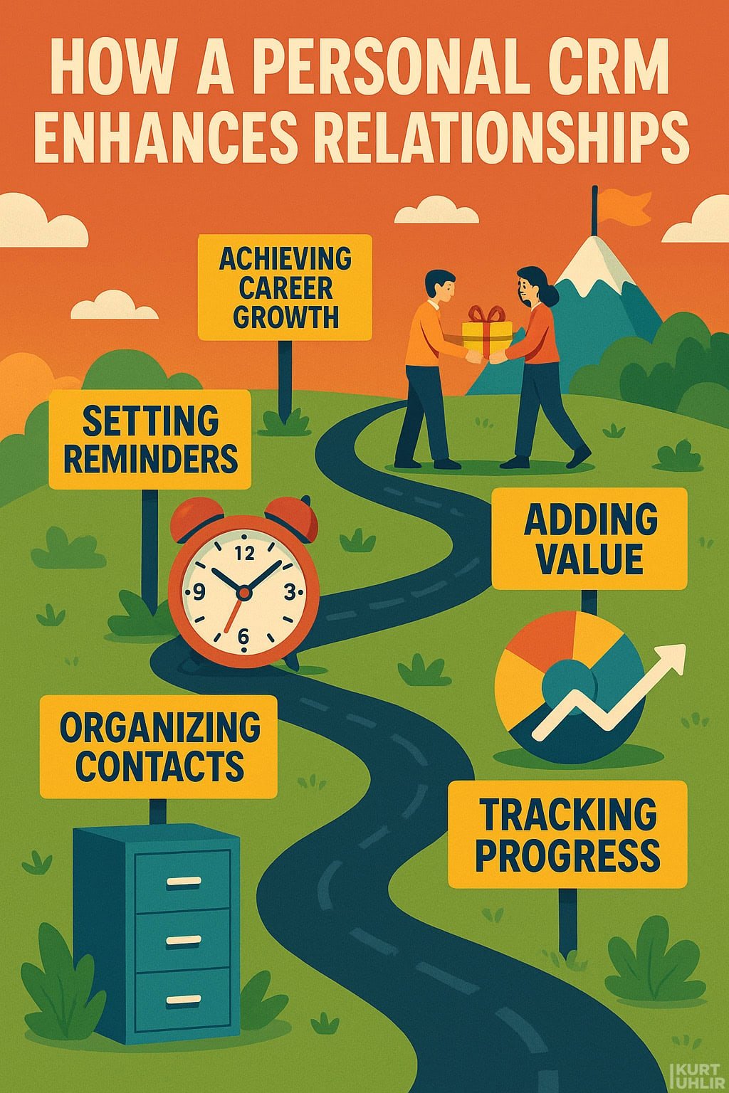 Illustration of two people exchanging a gift on a winding road with labeled signs: “Achieving Career Growth,” “Setting Reminders” (with a clock), “Adding Value” (with a chart), “Organizing Contacts” (with folders), and “Tracking Progress.”.