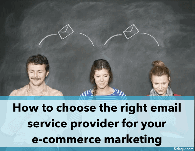 Three people stand in front of a chalkboard with envelope icons above their heads. Below them, a blue banner reads: "How to choose the right email service provider for your e-commerce marketing.