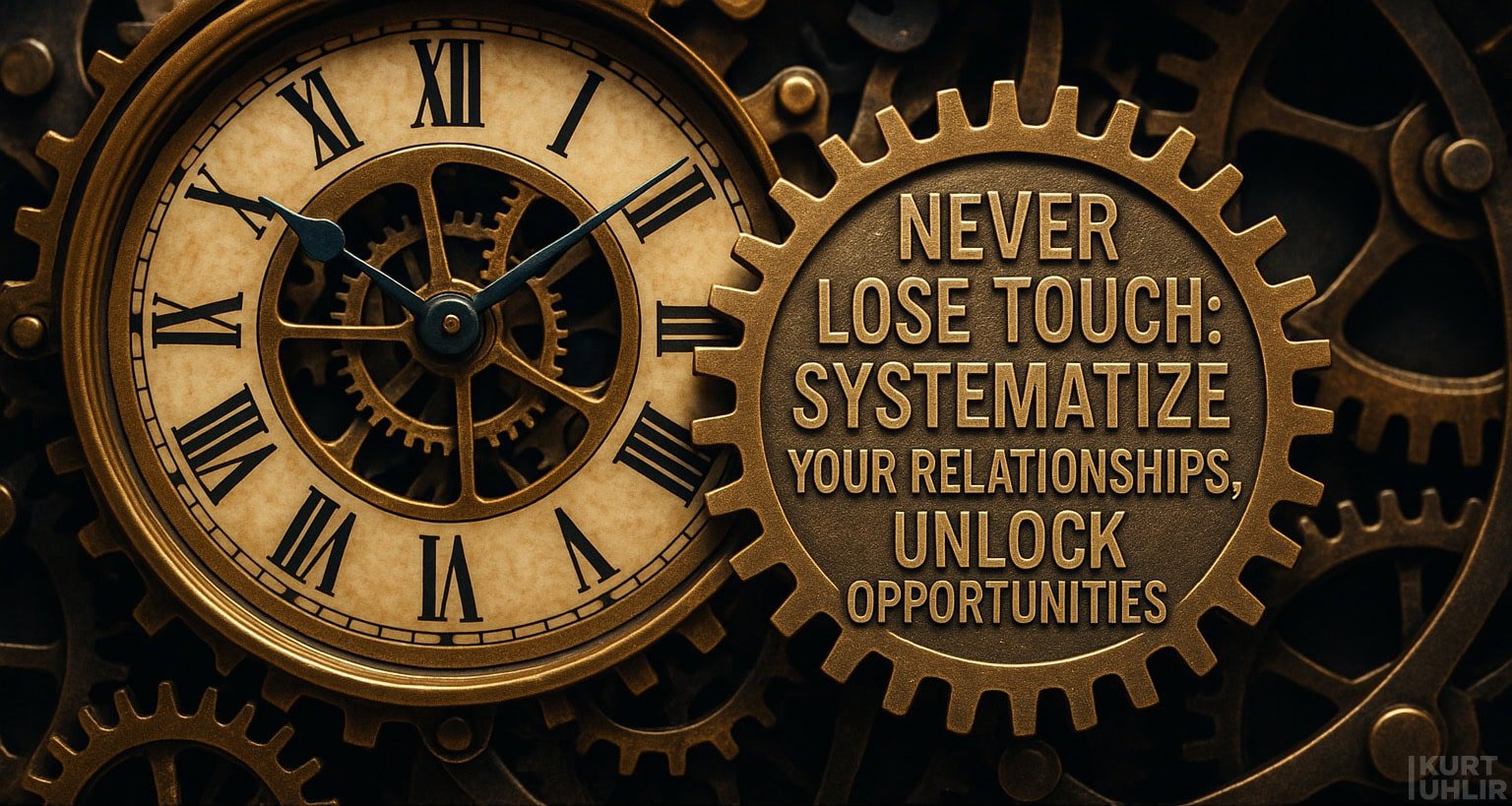 A clock with Roman numerals is surrounded by interlocking gears. Next to the clock, a large bronze gear displays the words: “NEVER LOSE TOUCH: SYSTEMATIZE YOUR RELATIONSHIPS, UNLOCK OPPORTUNITIES” in capital letters.