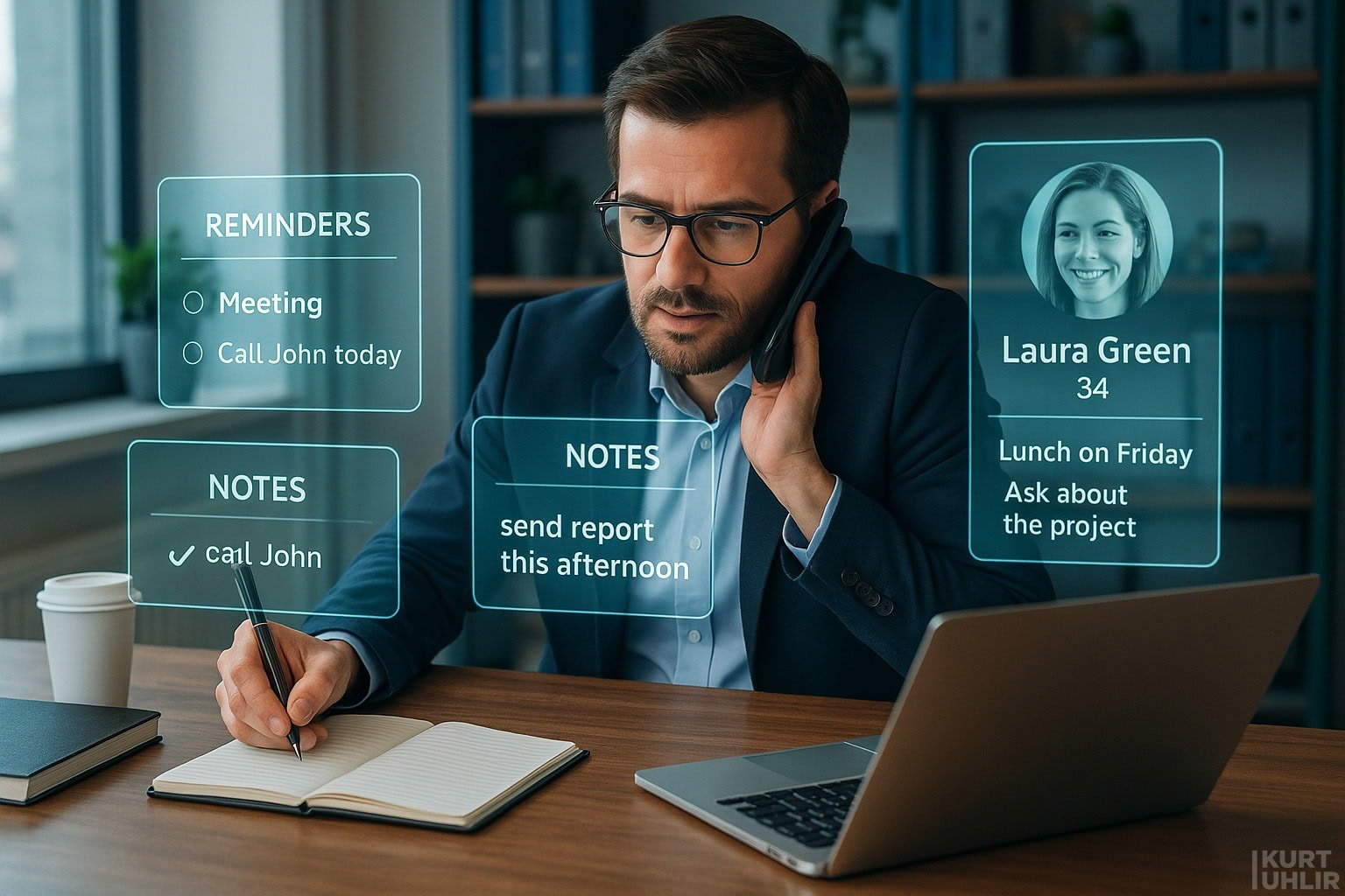 A man in glasses and a suit sits at a desk, talking on his smartphone while writing in a notebook. Digital reminders and notes are overlaid, listing tasks and a profile image of a woman with contact details. A laptop, mug, and shelves are in the background.