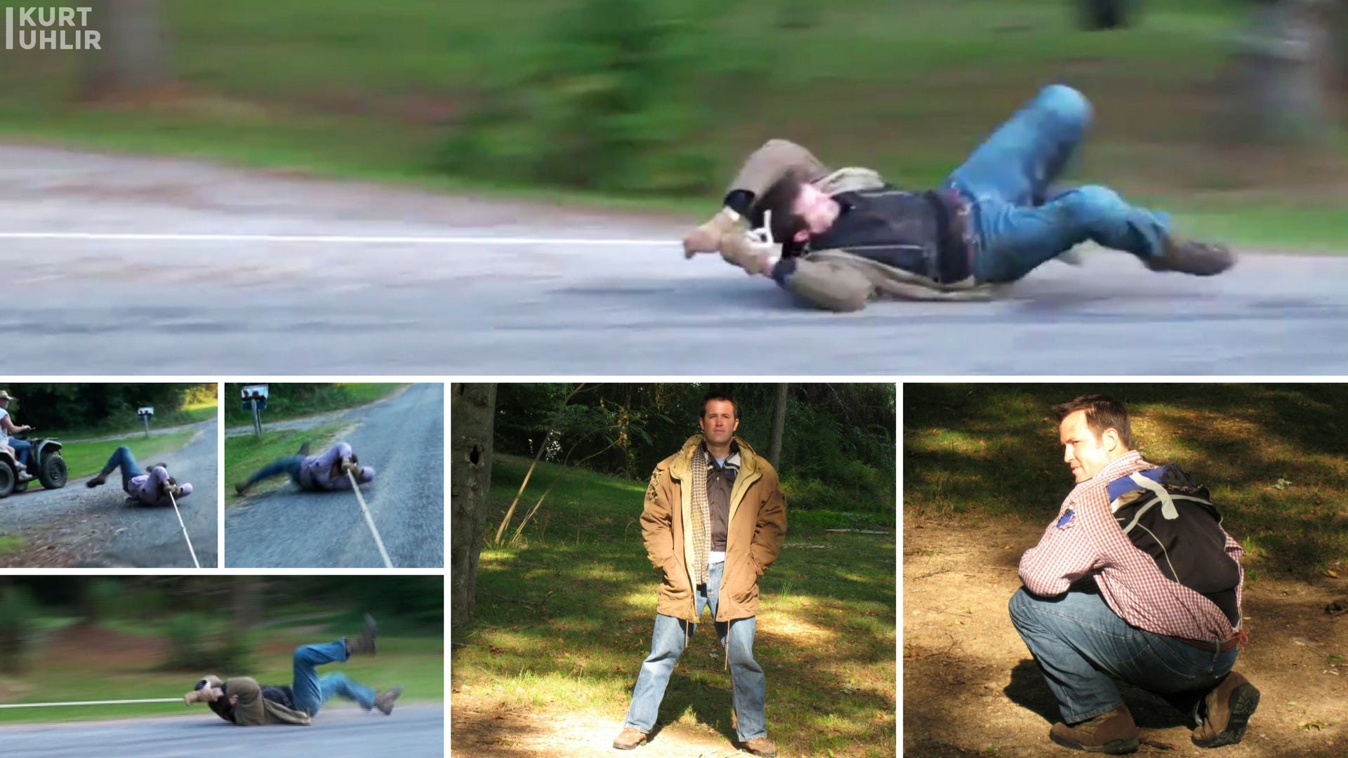 Stuntman Kurt Uhlir dragged down road