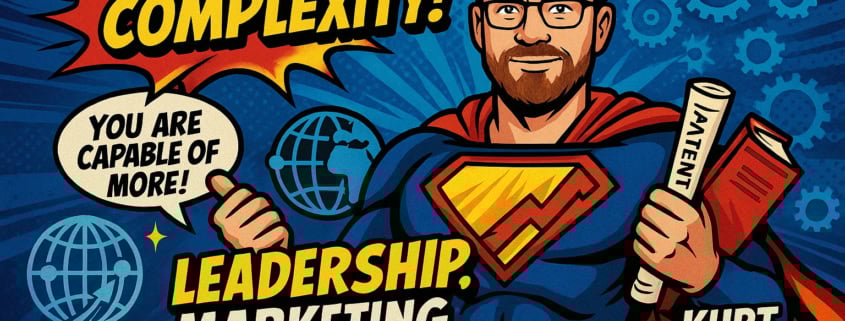 Cartoon of a superhero-like man with glasses, beard, and brown hair, holding patents. He wears a blue suit with a yellow-red "S" emblem. Text: "Mastering Complexity! Leadership, Marketing & Innovation—Kurt Uhlir." Graphics of globes and speech bubble: "You are capable of more!.