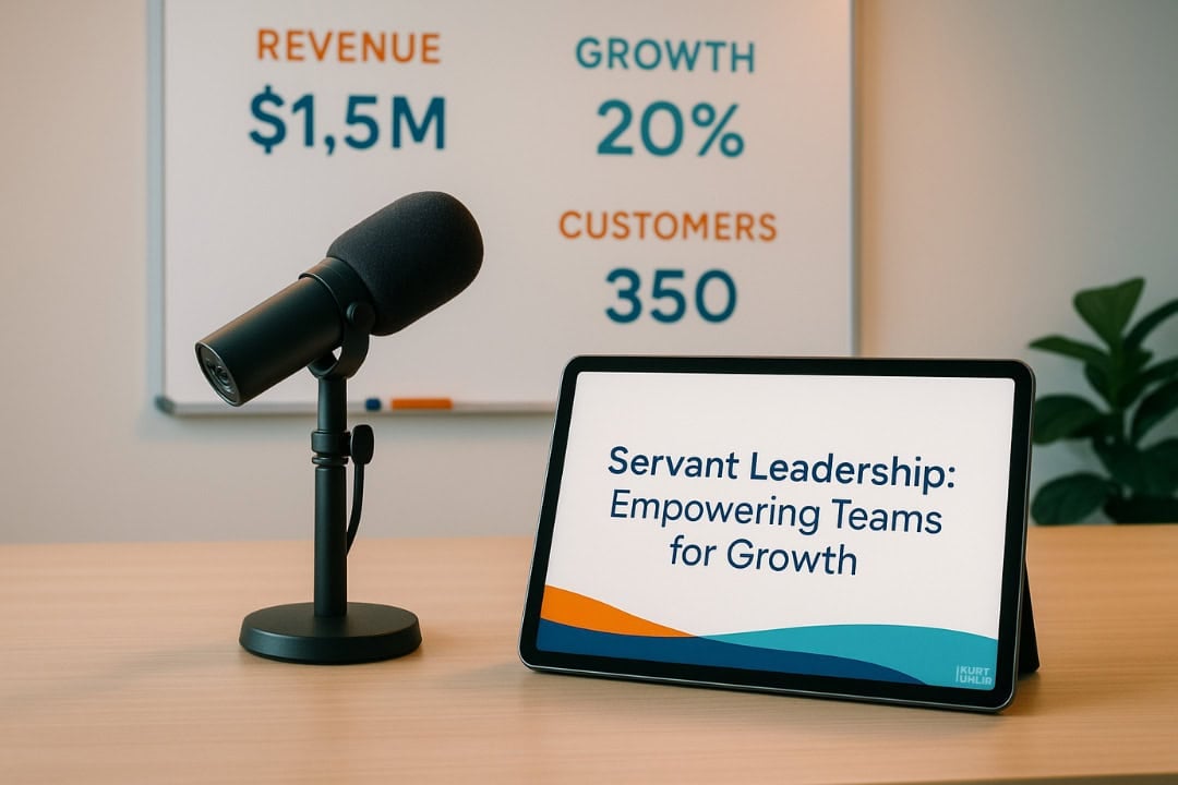 A tablet on a desk displays the text “Servant Leadership: Empowering Teams for Growth.” Next to it is a microphone. In the background, a board shows stats: “REVENUE $1.5M,” “GROWTH 20%,” and “CUSTOMERS 350.” A green plant is partially visible.