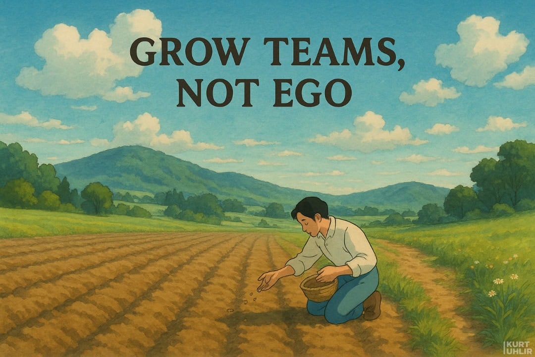 An illustration of a person kneeling and sowing seeds in a field with mountains and trees in the background. The sky is blue with clouds. Large text above reads, “GROW TEAMS, NOT EGO.” The artist’s name, Kurt Uhlir, appears in the bottom right corner.