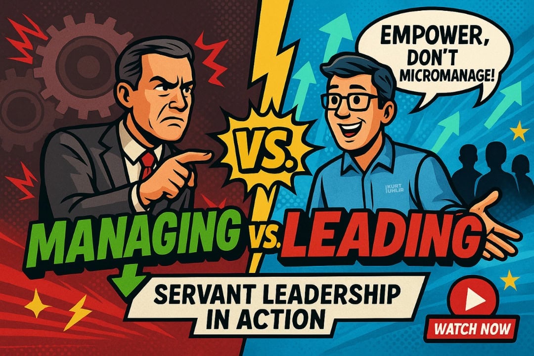 A comic-style image shows an angry man in a suit labeled "Managing" arguing with a smiling man in glasses and a blue shirt labeled "Leading"—demonstrating how high-performing companies focus on empowering others. Banner reads "Servant Leadership In Action." Watch Now.