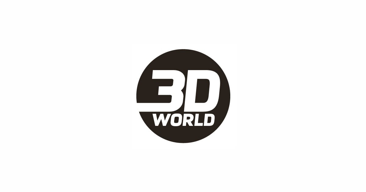 A bold, black circle contains the white text “3D WORLD.” “3D” is large and stylized with sharp edges, while “WORLD” is smaller and right-aligned below—capturing the cutting-edge feel of 3D technology against a clean, white background.