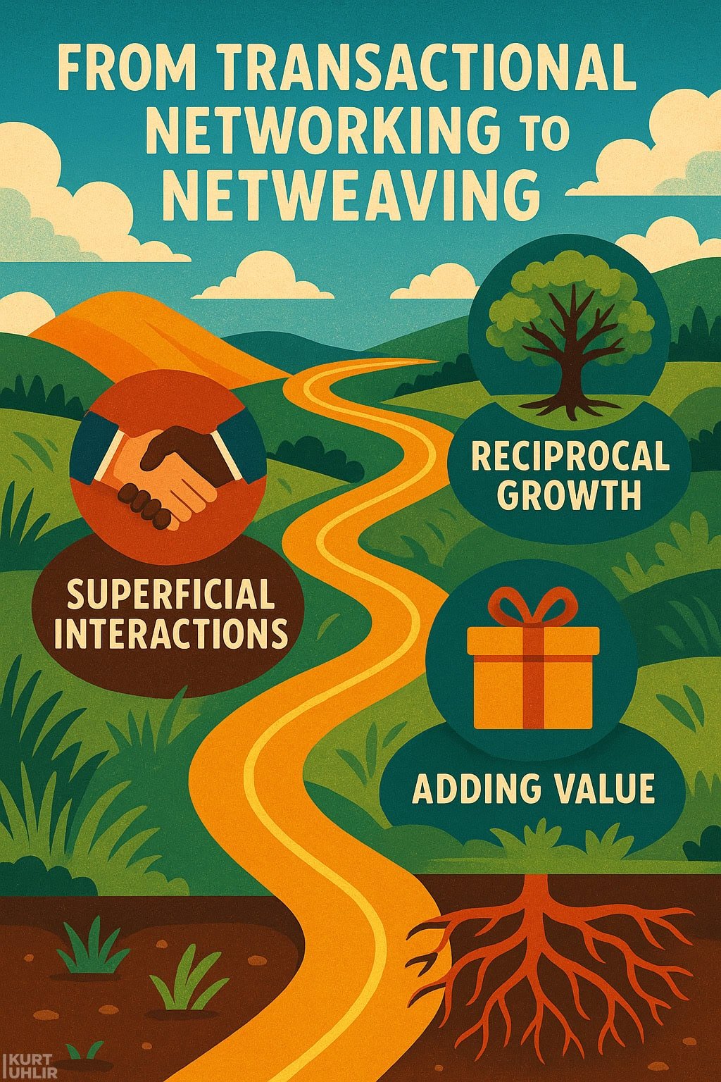 Illustration of a winding path leading from "Superficial Interactions" (with handshake icon) to "Reciprocal Growth" (tree icon) and "Adding Value" (gift and roots icons), symbolizing the shift from transactional networking to netweaving amidst a scenic landscape.
