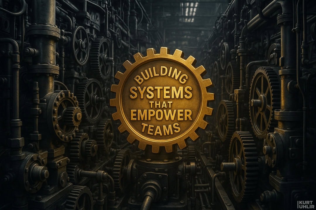 A large golden gear with the words “Building Systems That Empower Teams” stands out amid a complex background of dark industrial pipes and gears, symbolizing collaboration and efficiency. Lighting highlights the gear, drawing focus to the motivational message.