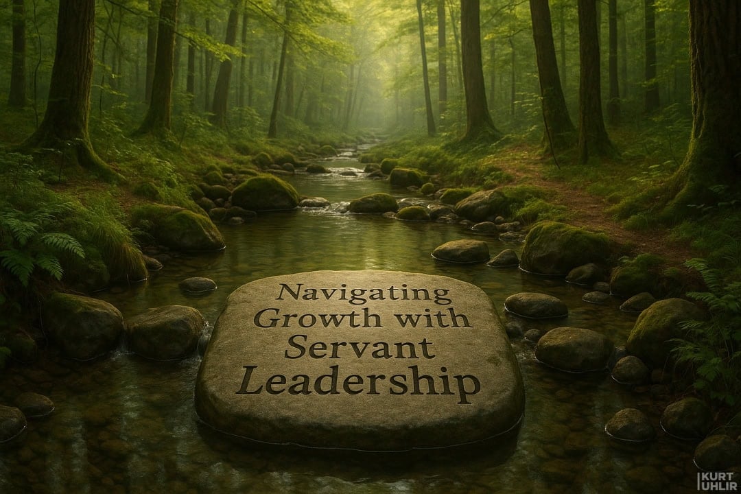 A sunlit forest stream with mossy rocks, lined by tall trees. On a large central rock in the water, text reads: "Navigating Growth with Servant Leadership." Soft green light filters through the trees, creating a peaceful atmosphere.