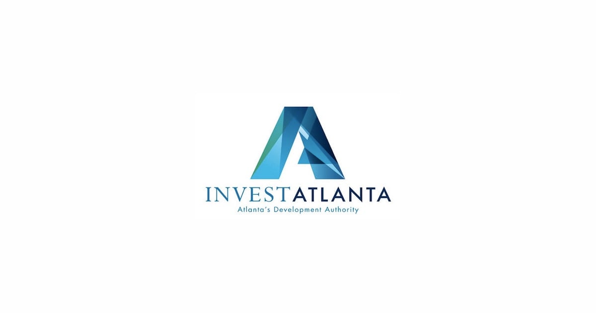 A blue geometric "A" logo with gradient shades sits above the words "INVEST ATLANTA" in blue capitals, linking to Startup Atlanta; below, smaller text reads: "Atlanta’s Development Authority." The design is centered on a white background.