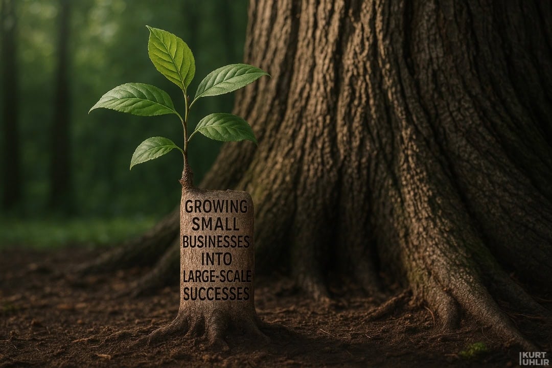 A small tree with bright green leaves grows from a large, cut tree stump. On the stump, text reads, “Growing small businesses into large-scale successes.” The background shows the massive trunk of another tree in a lush, forest setting.