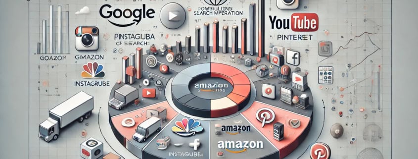 A digital infographic features logos of major tech companies like Google, Amazon, Instagram, YouTube, and Pinterest arranged around a central hub. Icons of trucks and charts highlight themes of enterprise SEO, demand generation, connectivity, and commerce.