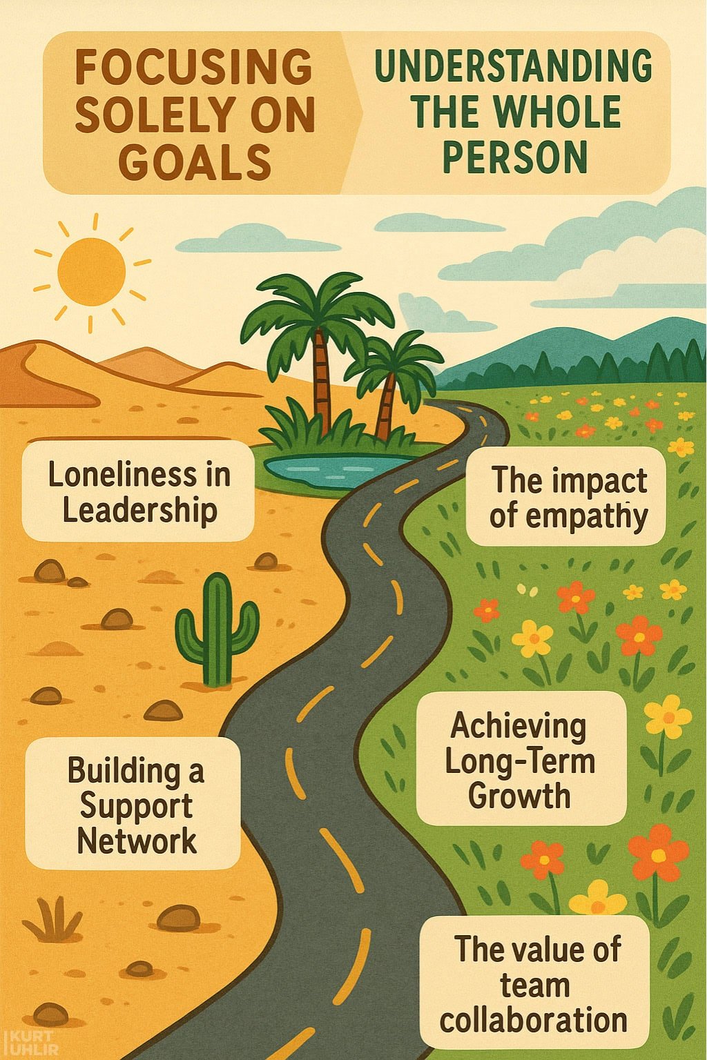A winding road divides a desert (left) and a lush landscape (right). The desert side lists: “Loneliness in Leadership,” “Building a Support Network.” The lush side lists: “The impact of empathy,” “Achieving Long-Term Growth,” “The value of team collaboration.”.